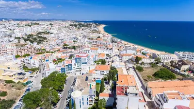an aerial view of a city and the ocean at Apartment Claro Azul in Albufeira