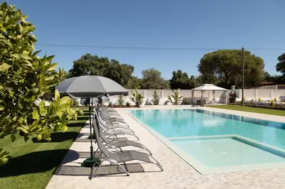 a pool with chairs and an umbrella next to a swimming pool at O Pinhal do Avô - BY BEDZY in Almancil