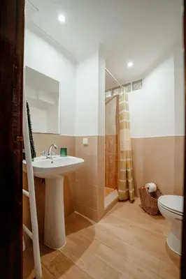 a bathroom with a sink and a shower and a toilet at Quinta Coelho in Guia