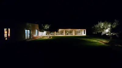 a house at night with a green lawn and trees at Casa do Cabeçudo in Faro