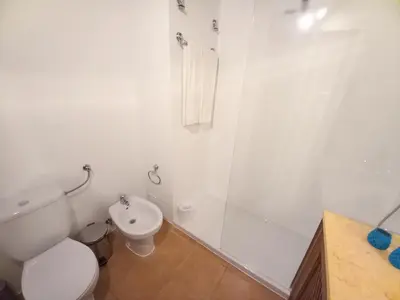 a white bathroom with a toilet and a shower at Apartamento Joyce by Sunnyway in Albufeira