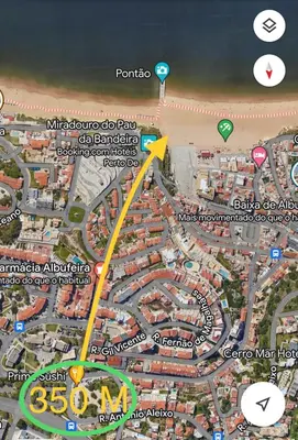 a map of a city with a yellow arrow at Prime Lux Albufeira in Albufeira