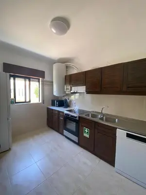 a large kitchen with wooden cabinets and a sink at Cozy apartment near Oura Beach in Albufeira