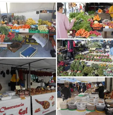 a collage of pictures of a market with fruits and vegetables at T1, proche plage et commerces in Quarteira