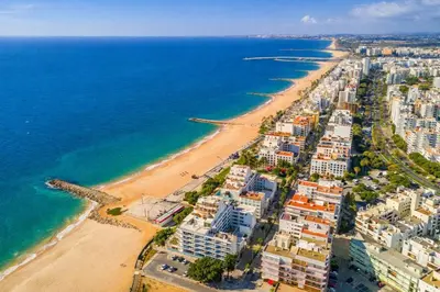 an aerial view of a beach and the ocean at Apartamento Alameda in Quarteira