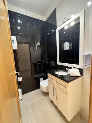 a bathroom with a toilet and a sink and a mirror at Villa Pedra Luxe - Spacious modern villa in Albufeira