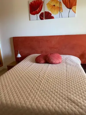 a bed with two pink pillows on top of it at Apartamento - CERRO MAR in Albufeira