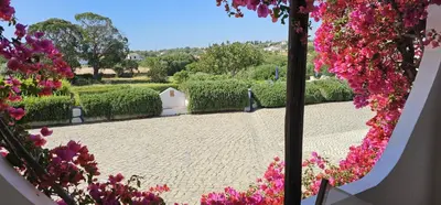 a view of a courtyard with pink flowers at Quinta do Lagar - 10 in Albufeira