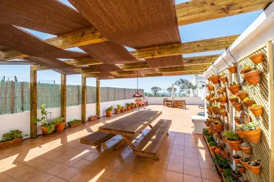 a patio with a wooden bench and potted plants at Stunning terrace with ocean view in Albufeira