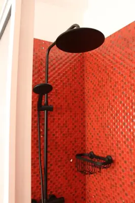 a black lamp in a bathroom with a red wall at Birdy House in Faro